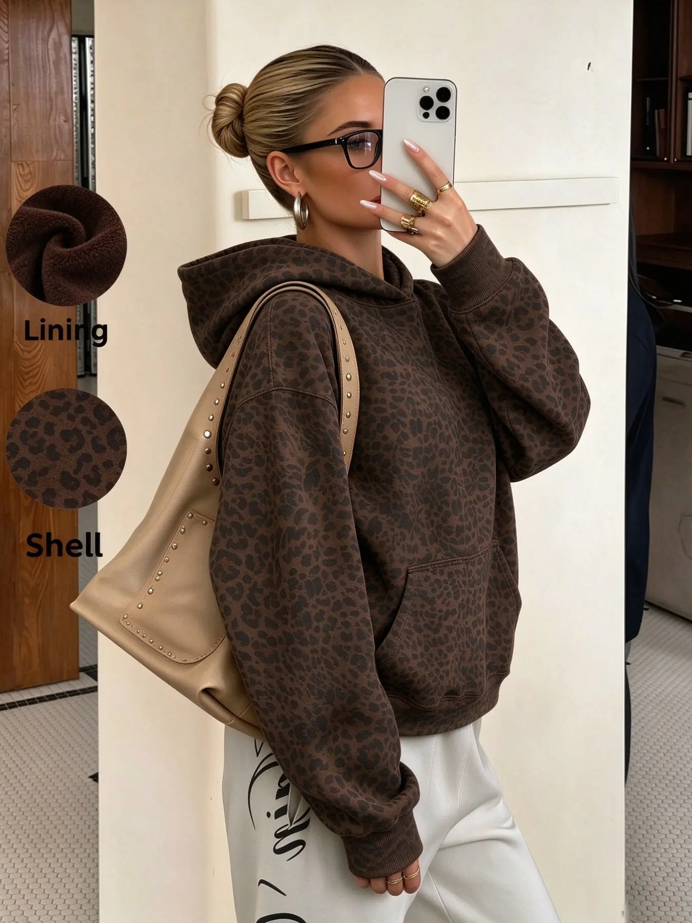 Women's Leopard Print Polka Dot Outdoor Casual Loose Long Sleeve Fleece Sweatshirt, Fall Winter Commute Versatile Top