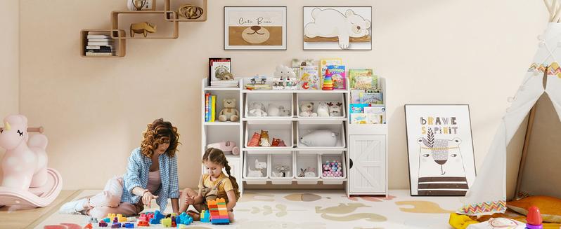 Vabches 55" Large Toy Organizer with 8 Toy Storage Tubs, Storage Boxes and Storage Racks, Tiered Bookshelf and 7 Storage Cubbies, Bookshelf, Playroom Storage and Storage Boxes