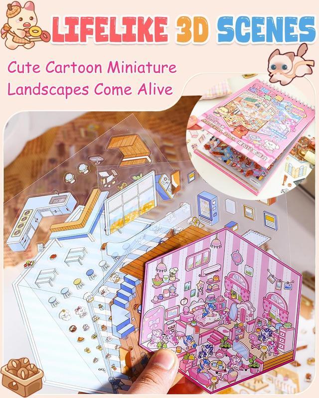 [Realize Sticker Freedom Here] 20 Scenes + 25 Stickers Microscopic Scene Collection Book Set, 3D Vision Scene Stickers, DIY Stickers, Micro Small Houses, Micro Stickers Kit Self-Adhesive Rhinestone Jewel Stickers Scrapbooking