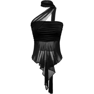 Women's Mesh Scarf Halter Tops Asymmetrical Hem Y2k Going Out Babydoll Tube Tops Sheer Club Tops