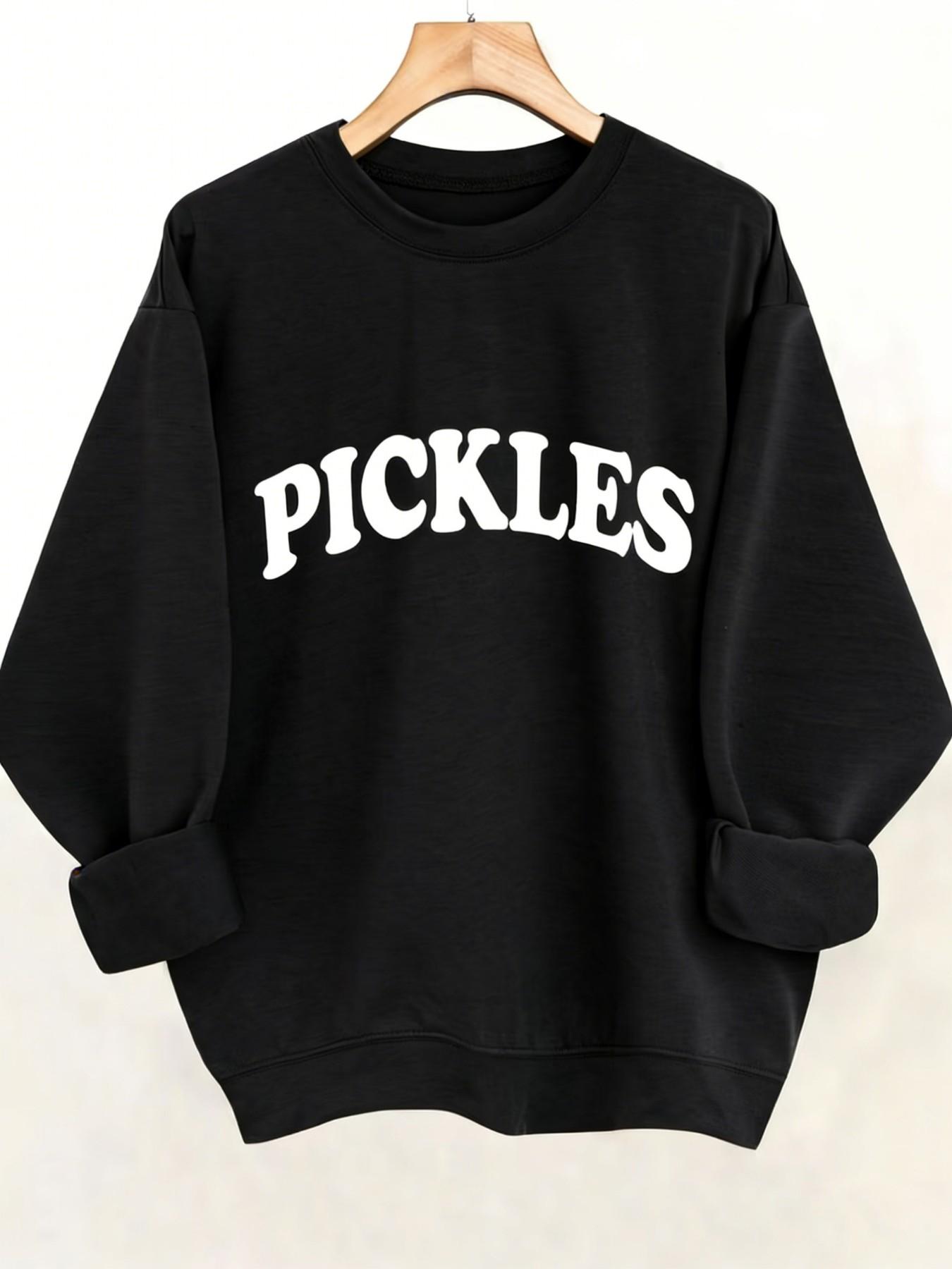 Women's Drop Shoulder Sweatshirt, Pickles Letter Print, Comfortable Long Sleeve Round Neck Pullover, Fall Winter Fashion Casual Outerwear