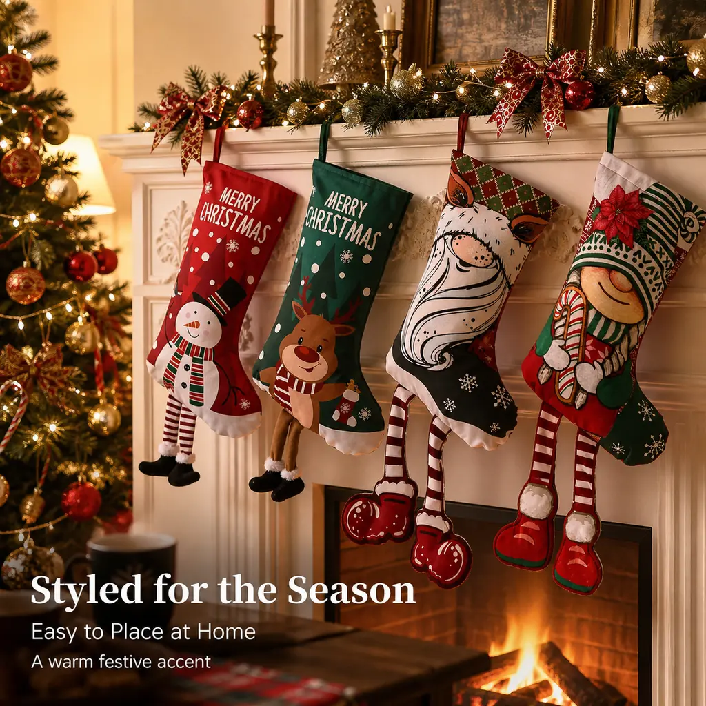 Large Dangling-Legs Christmas Stocking - Soft Fabric Retro Classic Christmas Fun Holiday Decor, Stuffed with Snowman-Reindeer-Gnome-Santa Prints, Hanging Fireplace Mantel-Tree Ornament, Gift Storage Bag for Kids (Toys & Hobbies Stuffed Toy)