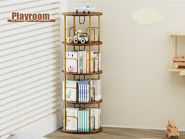 Flycity Rotating Bookshelf 3-5 Tier Spinning Bookshelf Tower 360° Display Unique Round Bookcase for Home Study and Office Organization Furniture Stand Monitor Riser
