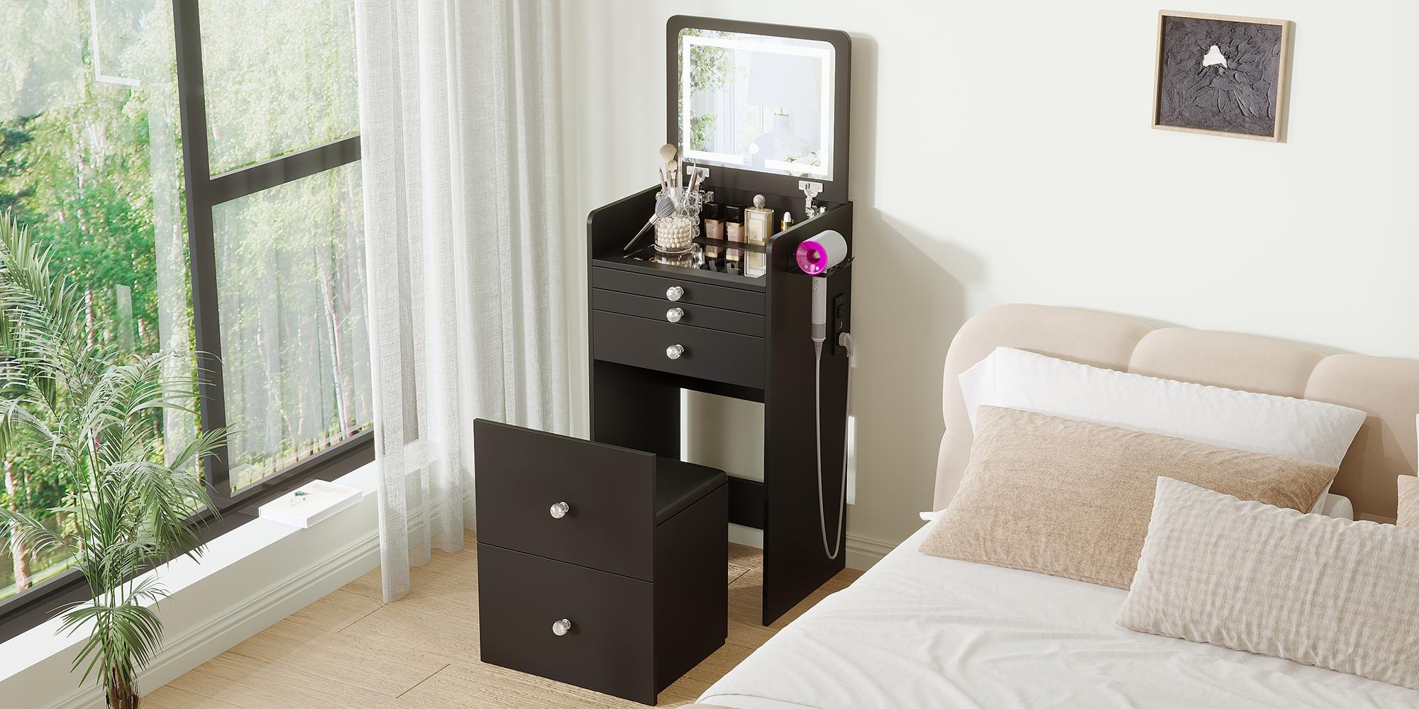 【Valentine’s Day Gift】VOWNER Modern 3 in 1 Vanity Desk with 3 Drawers Flip-up Mirror 3 Color Lighting & Cushioned Stool for Bedroom Makeup & Skincare Routine