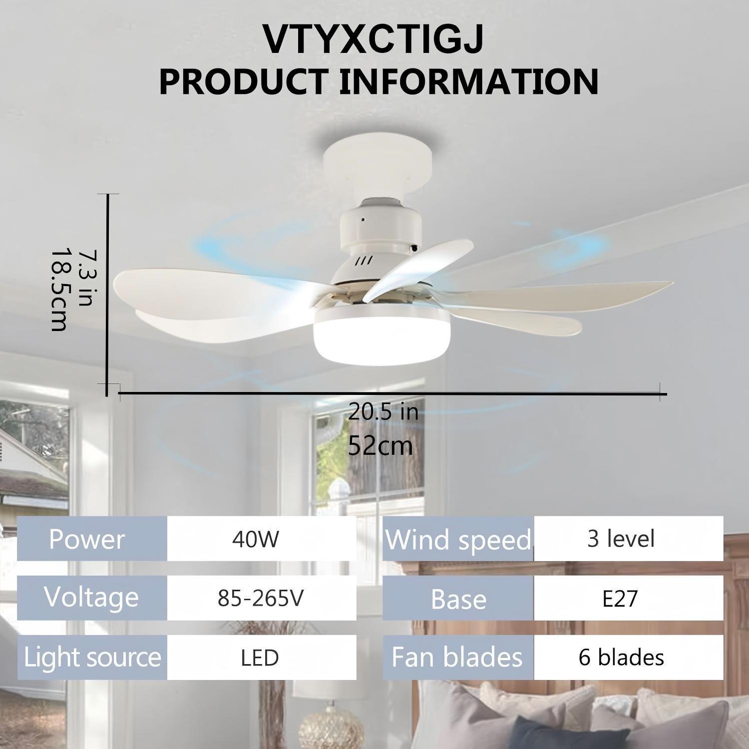 Portable Small Ceiling Fan Lamp with Remote Control, Adjustable Light Bulb, Suitable for Bedroom Kitchen Living Room, 20 Inch Screw Type