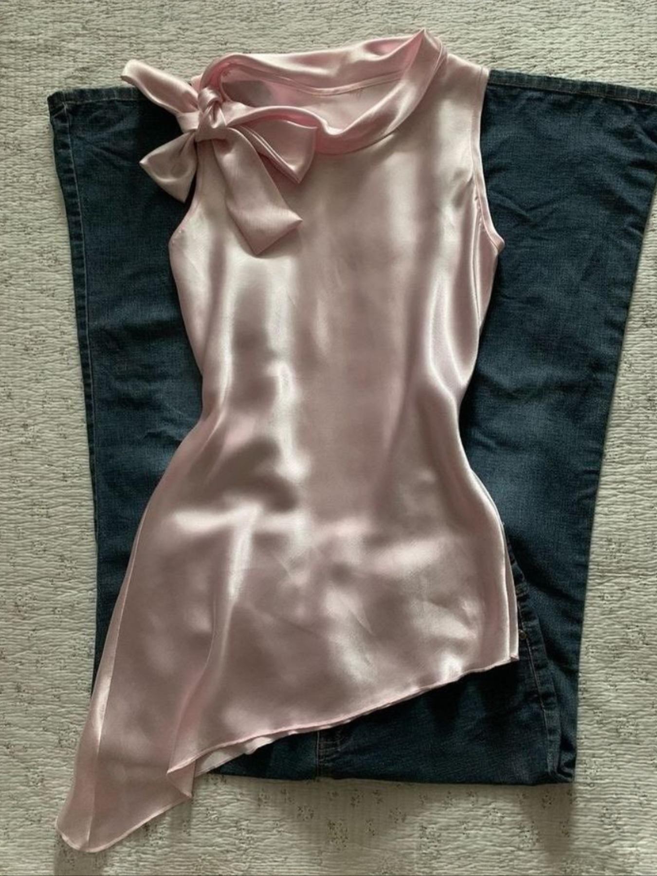 Elegant Chic Women's Sleeveless Soft Smooth Satin Woven Top with Tie Neck and Asymmetrical Design, Comfortable Fit for Parties, Vacations, Holiday