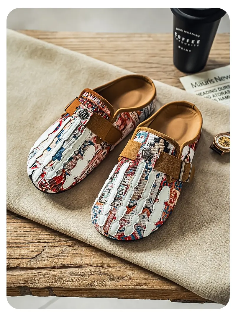Men's Bohemian Print Mules, Mule Slides, Comfortable Slip-On Sandals, Adjustable Buckle, Soft Insole, Ideal for Daily Wear, Casual Footwear