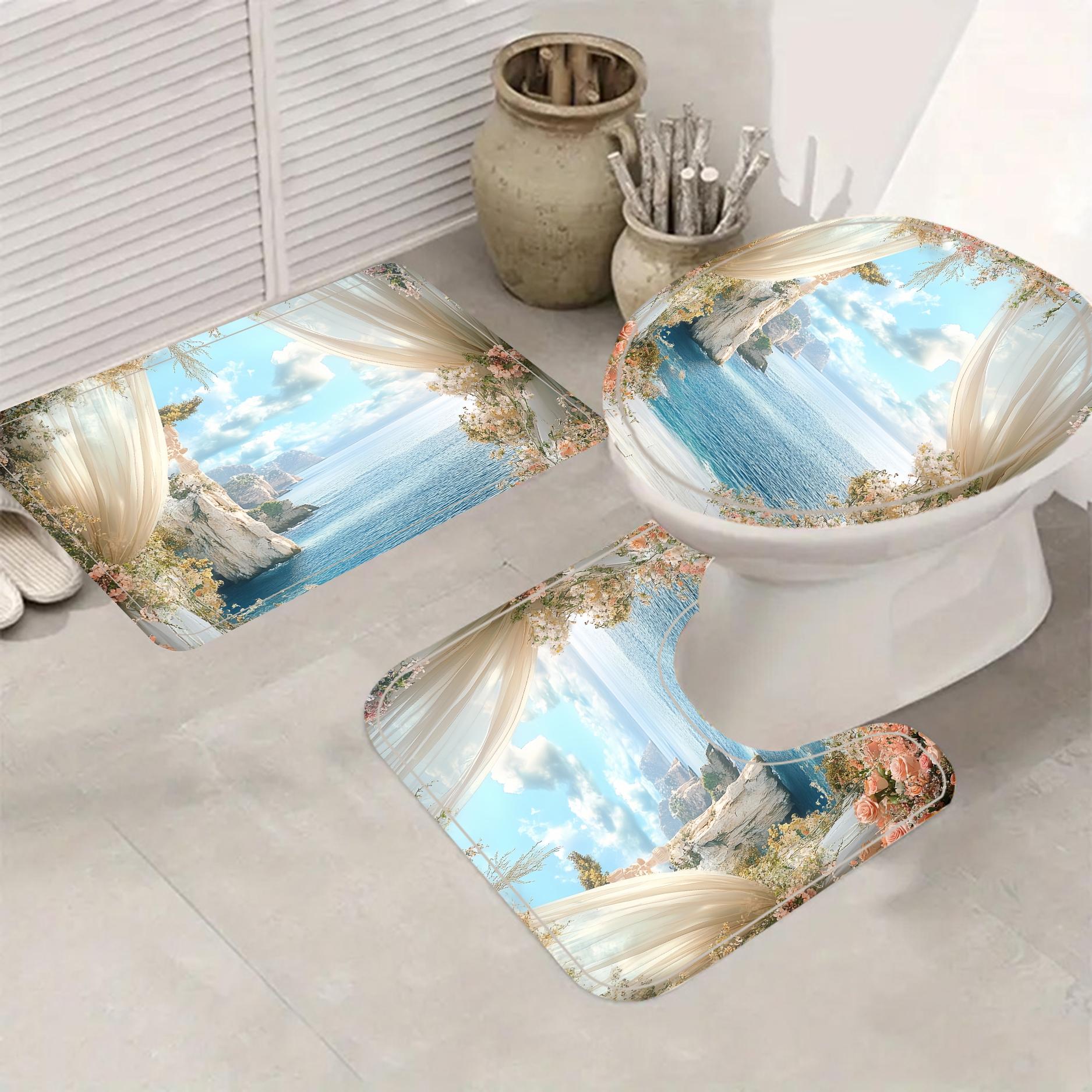 Romantic Sea View Pattern Bathroom Decorations, Including Shower Curtain & Toilet Lid Cover & U-shape Mat & Rectangle Mat, Bathroom Accessories for Home Decor