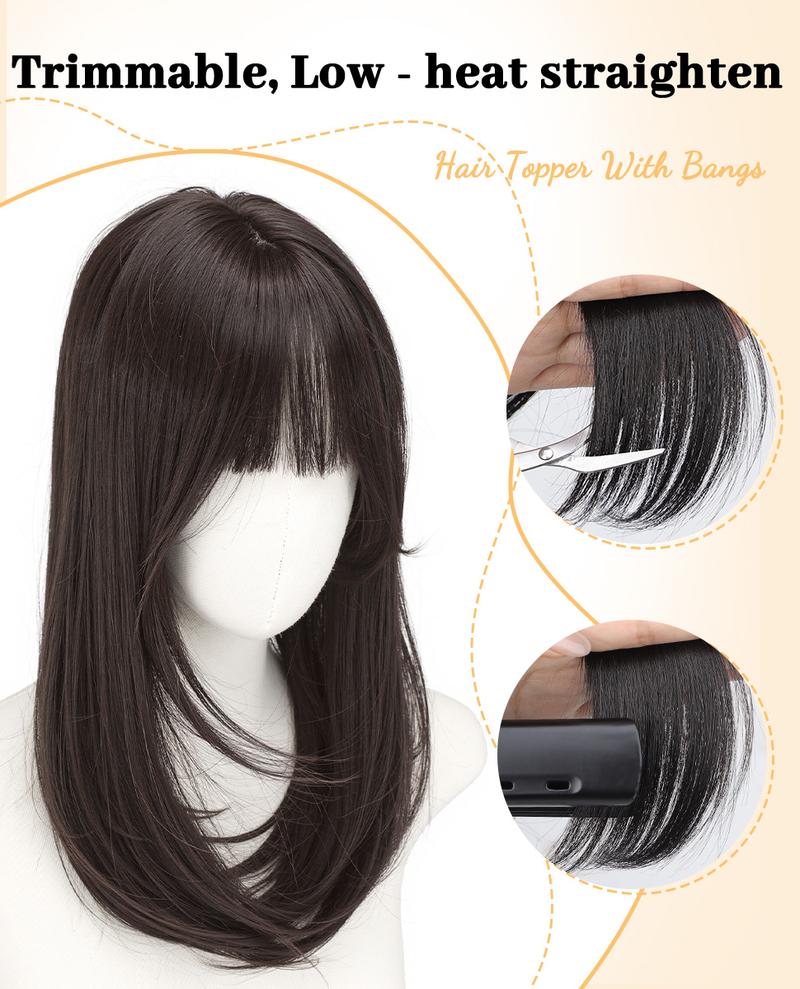 【ORSUNCER HAIR] Dark Brown Hair Toppers for Women with Thinning 3D 360° Cover Clip in Wispy Bangs Upgraded Adjustable Bandage 18 Inch Long Layered