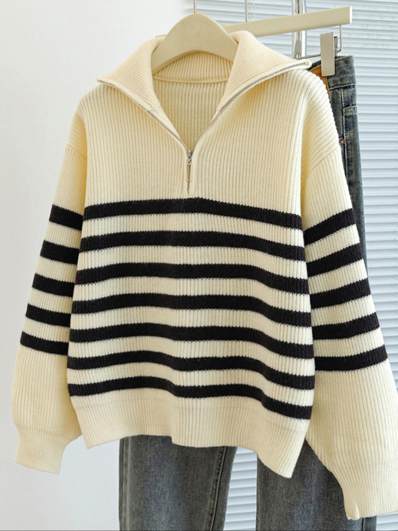 Autumn Winter Striped Zipper Collar Pullover Sweater, Fashion Casual Loose Fit Knitwear, Versatile Long Sleeve Top for Men & Women