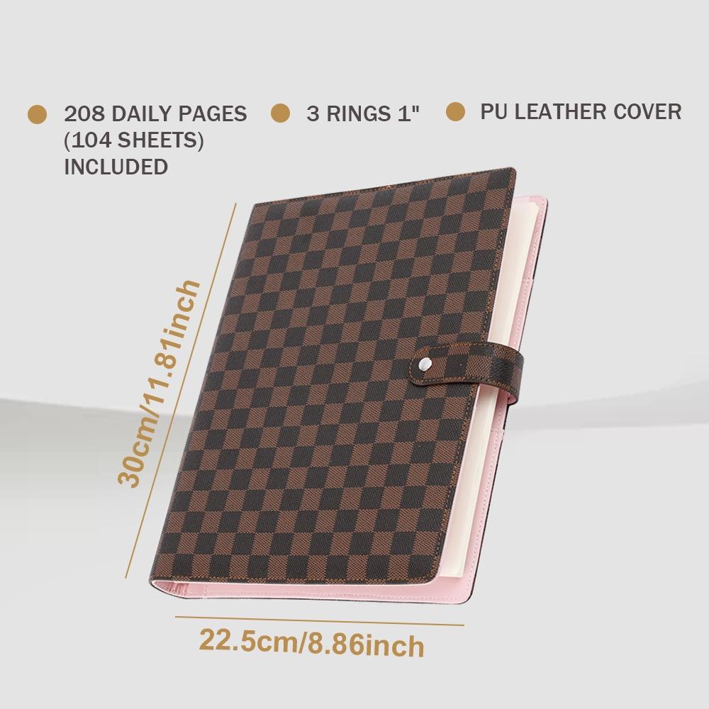Large Capacity Replaceable Pages Planner Notebook, PU Leather Cover, Plaid Design, 208 Pages, Office & Home Use