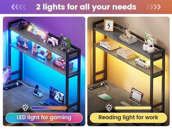 Sikaic 45.3 inches LED Reversible L Shaped Gaming Desk with Hutch Power Outlet Storage Shelves and Hooks Furniture Table Modern Ergonomic Computer Monitor Stand Dual Monitor Stand