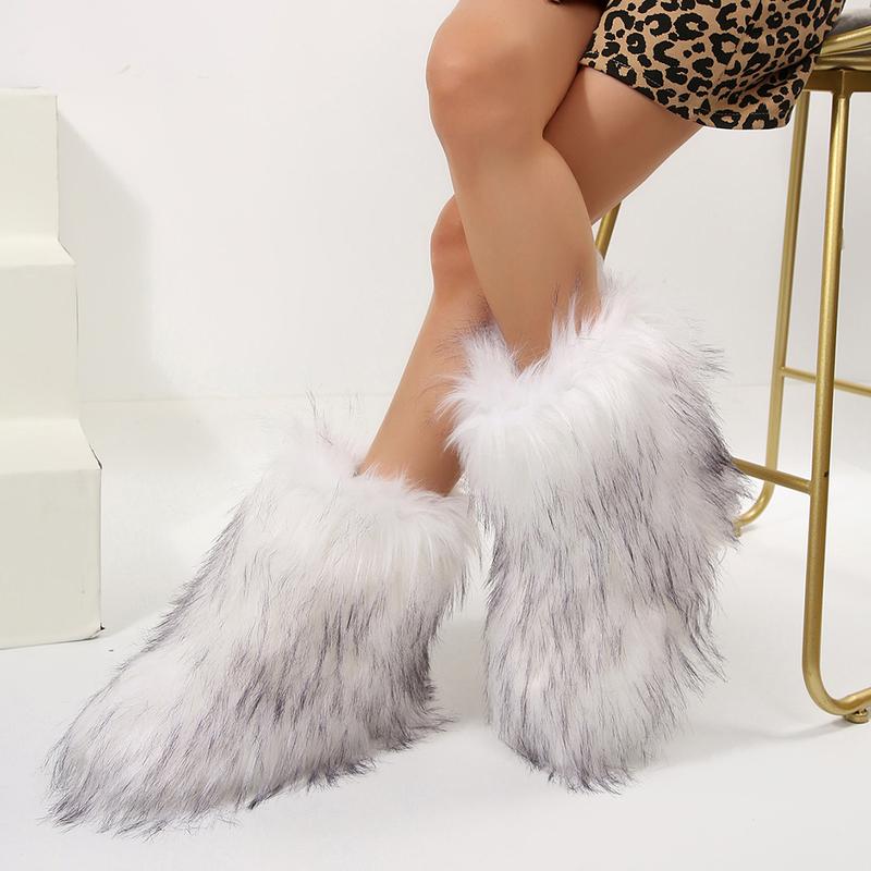 Women's Mid-Calf  Boots Furry Fluffy Round Toe Suede Snow Winter Women Boots Comfy Plush Warm Windproof  Outdoor Indoor  Shoes Springfresh