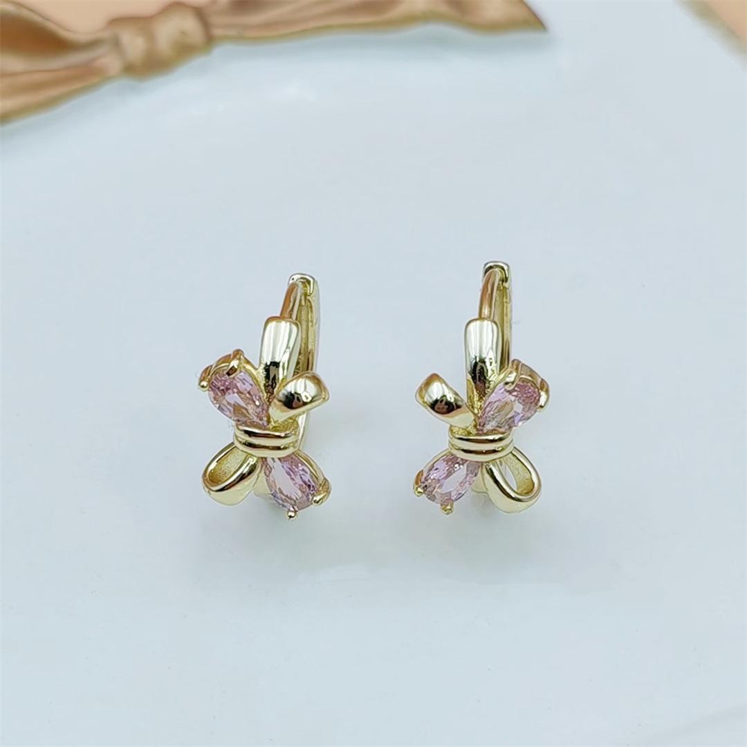 14K Gold Plated Copper Bow Stud Earrings With Zircon Elegant Versatile Jewelry For Women Daily Wear