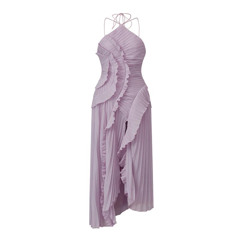 Women's Sexy Ruffle Halter Dress Sleeveless Solid Color Long Flowy Dress Summer A-Line Dress For Wedding And Party