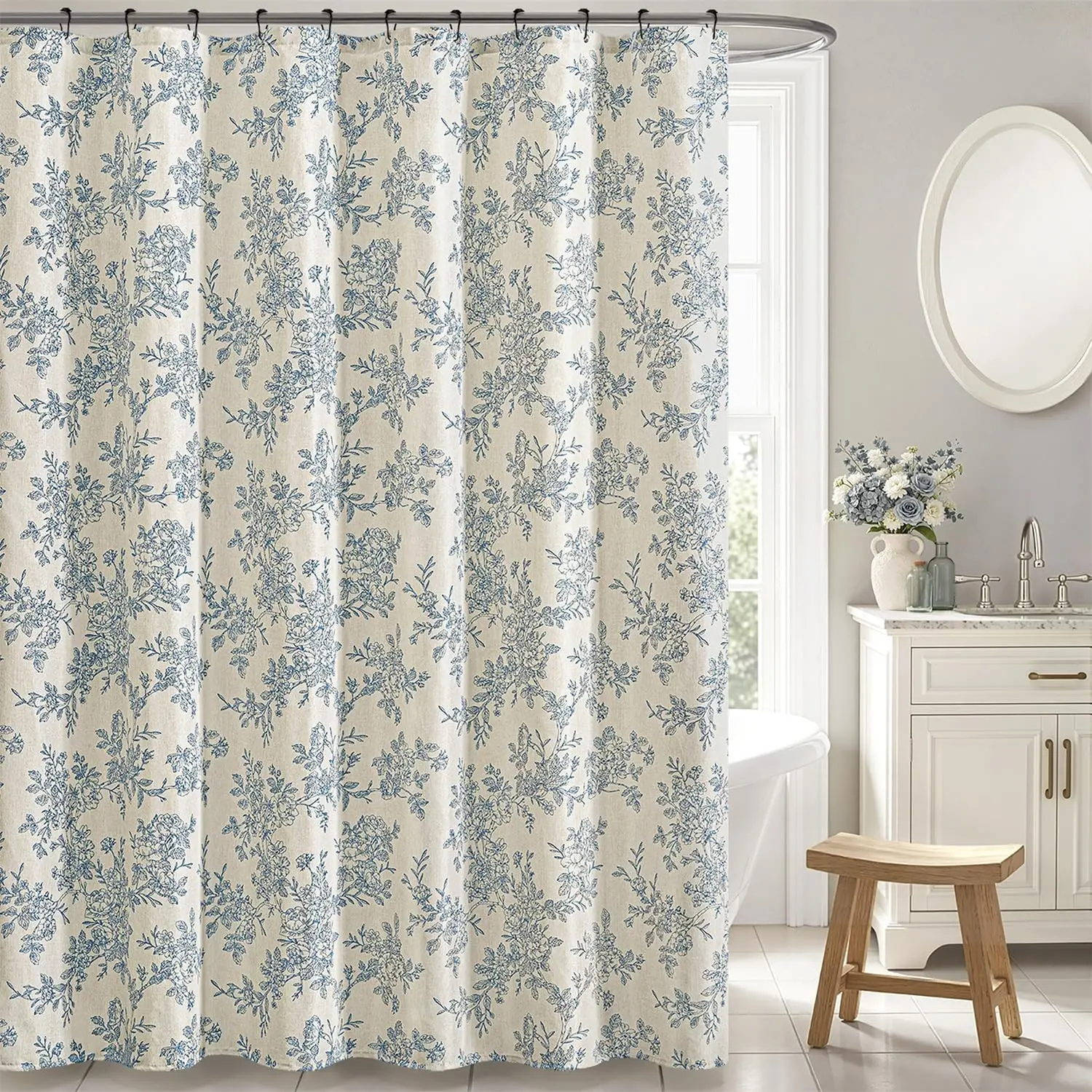 Linen Blue Floral Toile Shower Curtain W72*L72 Inches Long | Linen Textured Fabric, 12 Rustproof Metal Hooks, Wrinkle Resistant Cloth, Machine Washable, Bathroom Decor for Cottage Core