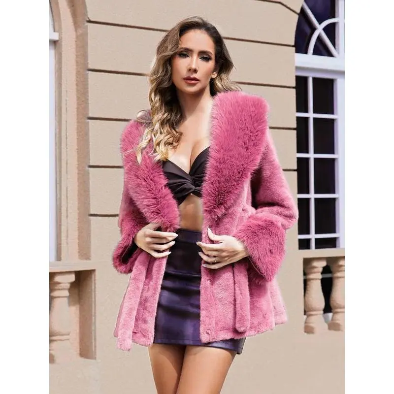VVZ Women's Orange Solid Color Belted Shawl Collar Faux Fur Coat Long Sleeve Open Front Outerwear for Fall Winter Casual Daily Wear Outdoorfun #TikTokShopHolidayHaul Chic Womenswear