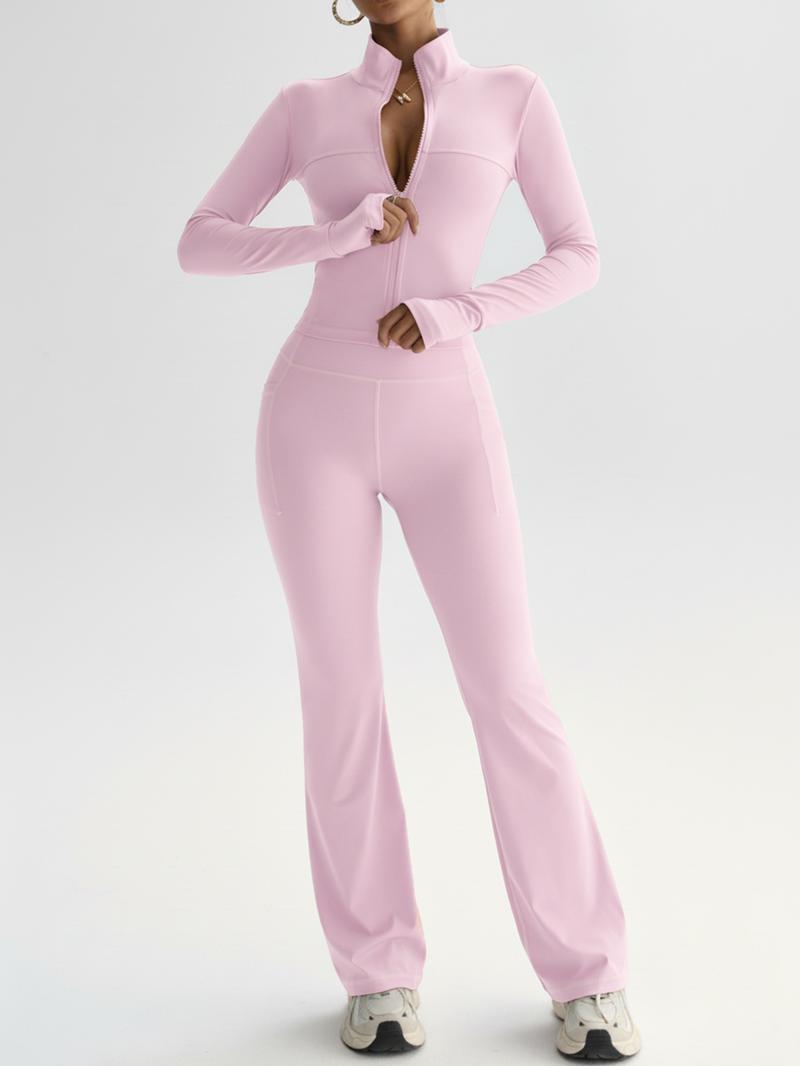 Women's High Stretch Quick-Dry Breathable Long Sleeve Top and Wide Leg Pants Set, Sporty Plain Design, All Seasons Wear