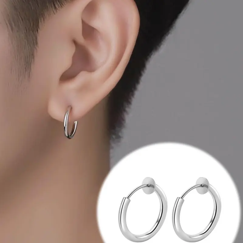 2pcs Small Hoop Spring Ear Clips Earrings, Stainless Steel Painless No Piercing Stealth Fake Ear Jewelry, Unisex 8-16mm, Non Piercing Non Pierced Earrings