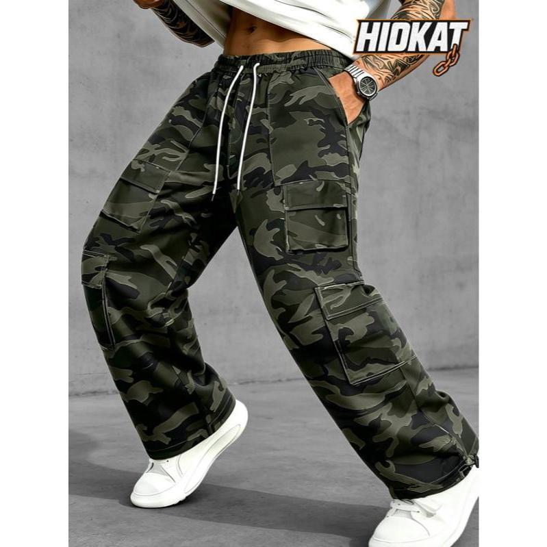 Men's Nylon Cotton Camouflage Breathable Loose Fit Utility Joggers - Urban Streetwear Ankle-Length Running Pants with Flap Side Pockets, Stretch Drawstring Belt Waist, Adjustable Toggle Ankle Cuffs, Cold-Wash Safe for Outdoor Run & Daily Wear
