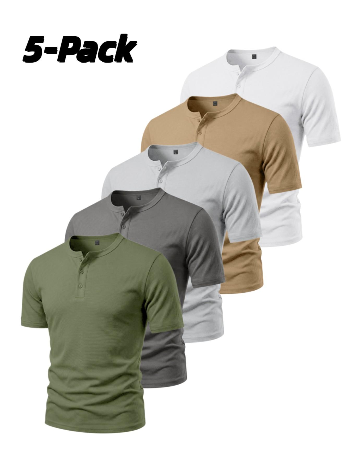 Men's 5-Pack Three-Button Mesh Short Sleeve Henley T-Shirts, Athletic Apparel, Summer Breathable Solid Color Casual Sports Tops, Comfortable Basic Top, Fitness T Shirt