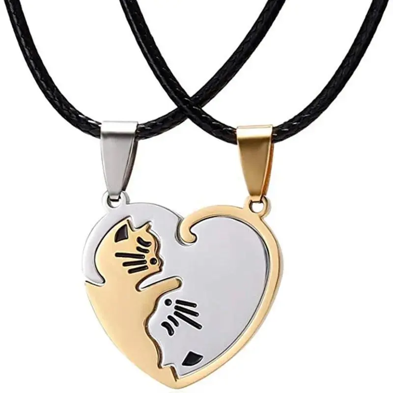 Couple Heart Necklace Cute Cartoon Cat Pendant Necklace Simple Color Black Animal Necklace Jewelry Gift For Friend Student