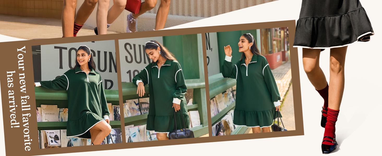 Wenrine Women's 2025 Fall Oversized Sweatshirt Dress Casual Long Sleeve Quarter Zip Ruffle Hem Pullover Mini Dresses Soft Polyester Fabric Basic Minimalist Design Womenswear Summer Wenrine Women's 2025 Fall Oversized Sweatshirt Dress Casual Long Sleeve Quarter Zip Ruffle Hem Pullover Mini Dresses Soft Polyester Fabric Basic Minimalist Design Womenswear Summer