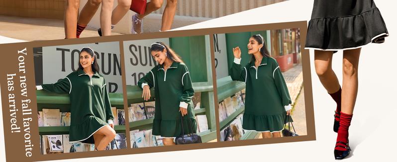 Wenrine Women's 2025 Fall Oversized Sweatshirt Dress Casual Long Sleeve Quarter Zip Ruffle Hem Pullover Mini Dresses Soft Polyester Fabric Basic Minimalist Design Womenswear Summer