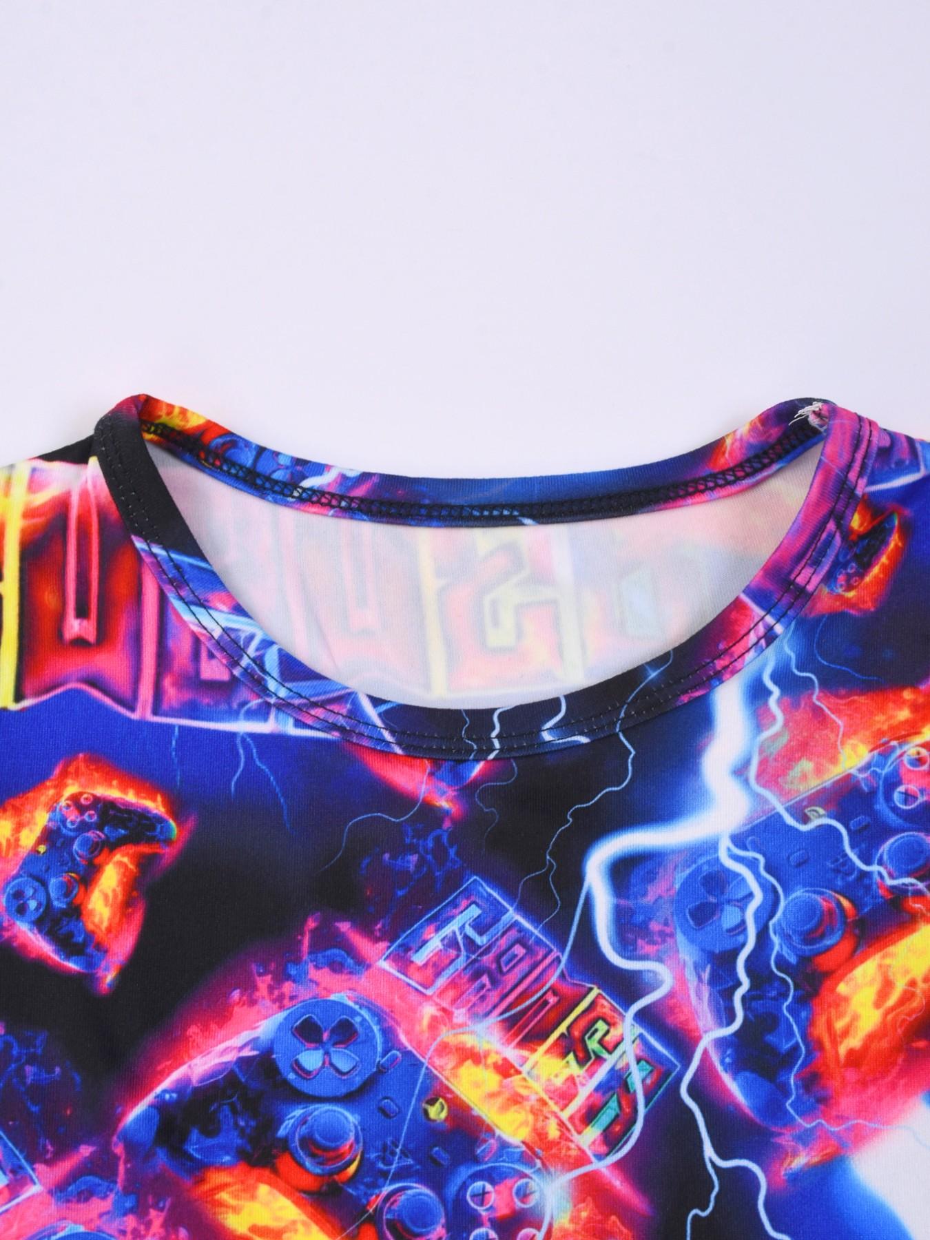 Boy Round Neck Short Sleeve Pajama Set, Cartoon Digital Print, Lightweight Comfortable, Daily Home Wear, 2-Piece Sleepwear