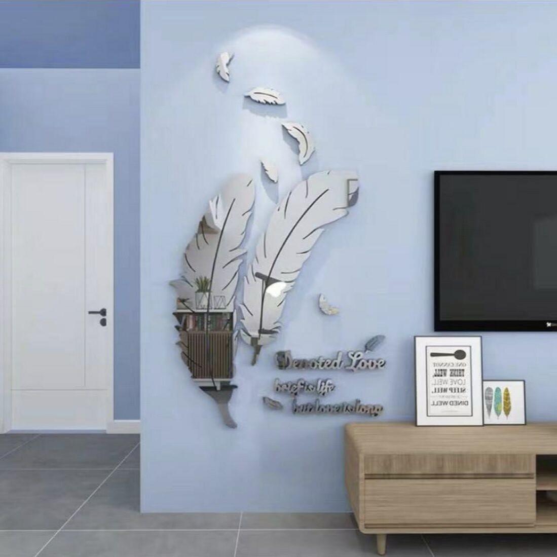 Feather Acrylic Mirror Wall Stickers, 3D Self-Adhesive DIY Feather Mirror Wall Decals, Modern Minimalist Nordic Style Shatterproof Wall Art Decor with Love Quote for Living Room Bedroom Entryway, Make Room Look Bigger, Easy Install