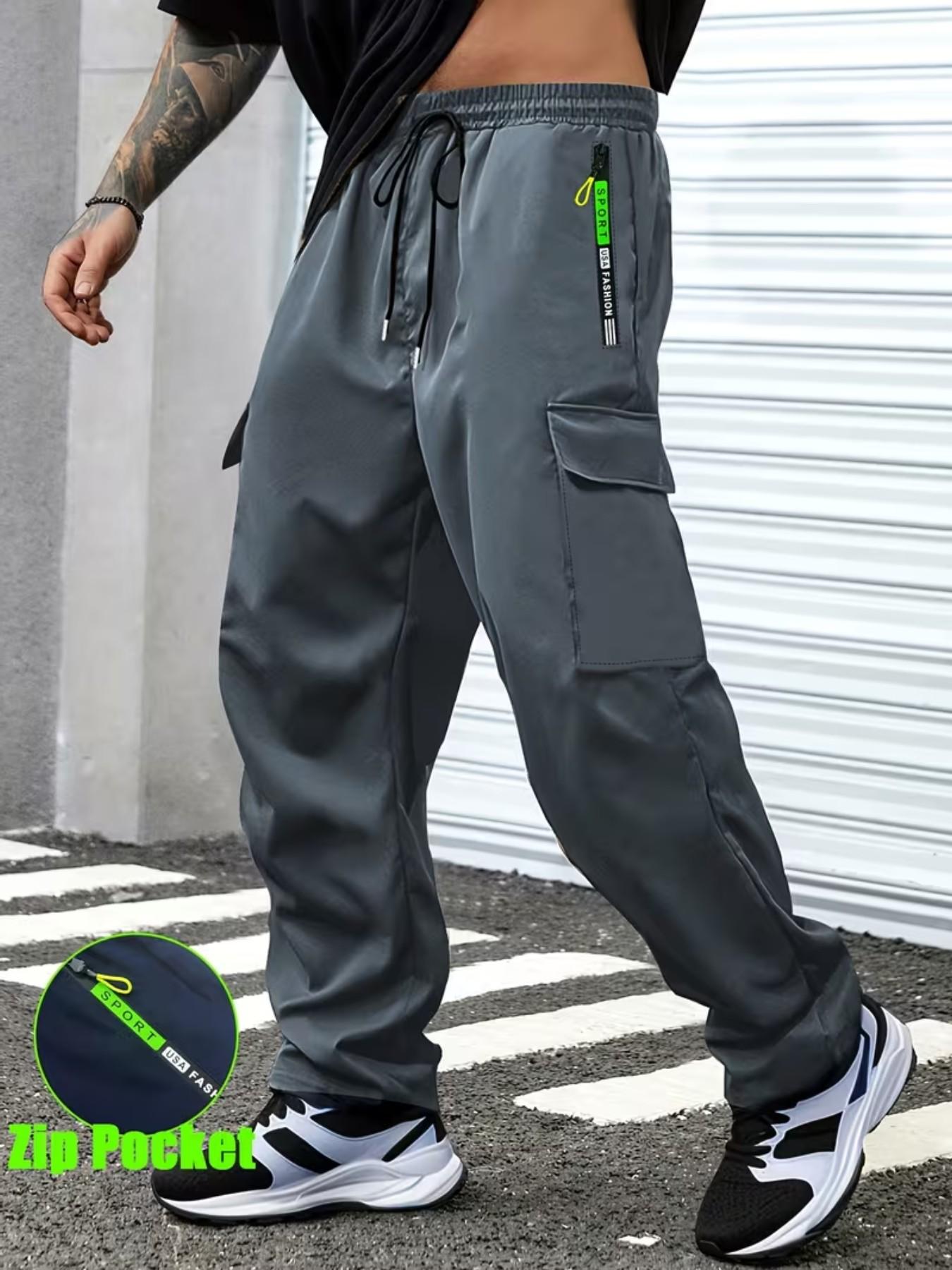 Men's Spring Summer Letter Zipper Pocket Cargo Pants, Fashion Large Patch Pockets, Drawstring Waist, Casual Outdoor Long Pants