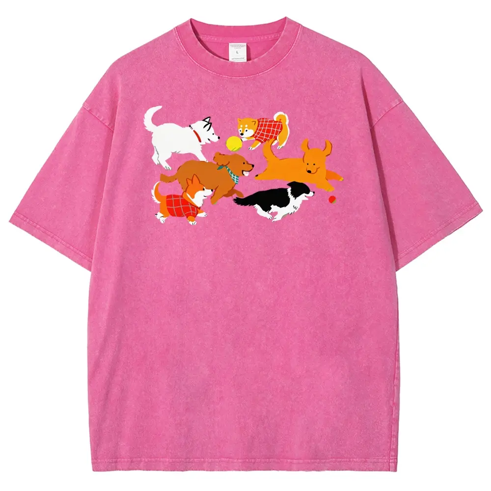 Unisex Multiple Samoyeds and Border Collies running and playing Graphic Washed T-Shirt Personalized Pattern Y2k Clothing Round Neck Washed T-Shirt,Women's Clothing 100% Cotton, Menswear, Top, Vintage Style,Summer Casual Oversized