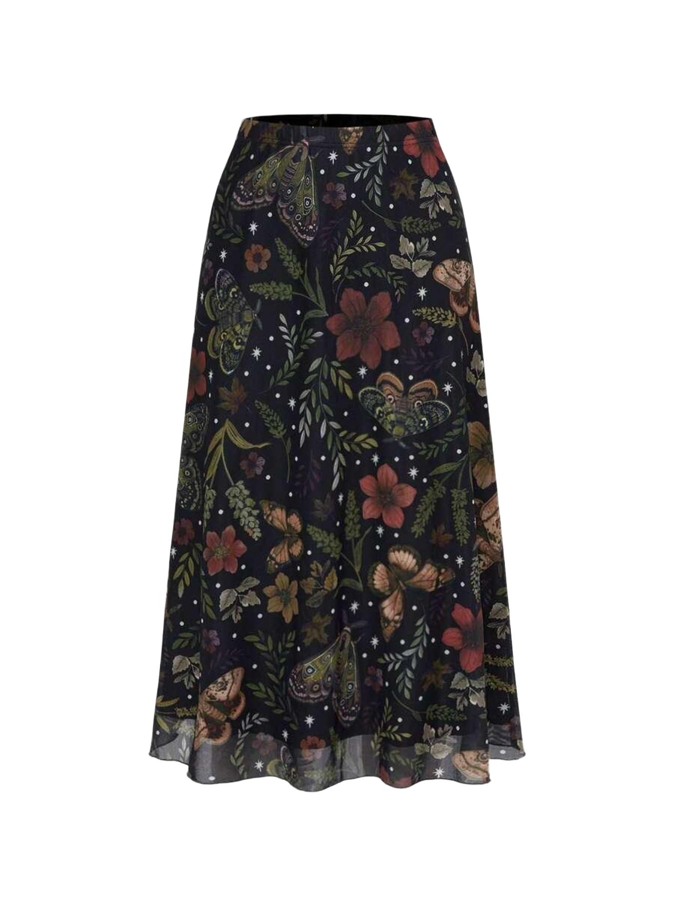 Fairycore Gothic A-Line Skirt, Bohemian, Casual Boho Skirt, Bat Skull Moon Pumpkin Print, Boho Plant Leaf Butterfly Maple Mushroom Floral Design, Elegant Party Dress, All-Season Long Skirt, Elastic, Bottom
