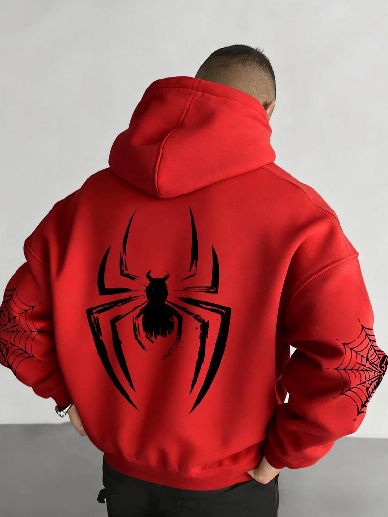 Unisex design, autumn and winter street style hooded sweatshirt with a spider pattern print, featuring cord fasteners and kangaroo pocket design. Perfect for everyday outings; comfortable fabric; stylish for the streets, versatile, trendy, suitable for ca