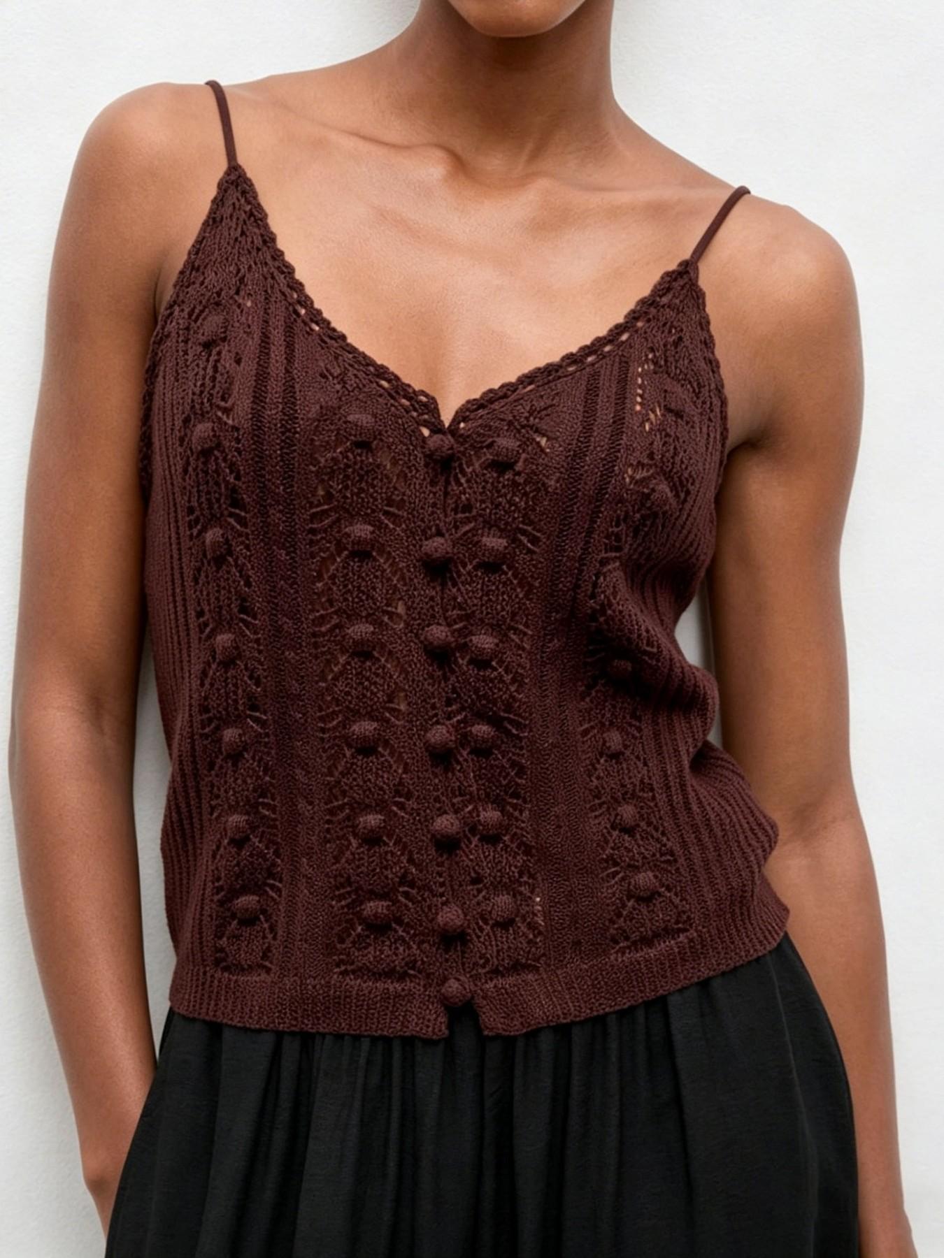 Elegant Fashion Comfortable Hollow Out Jacquard Knit Vest, Casual V-Neck Strap Open Front Cardigan Vest, Stylish Women's Outerwear