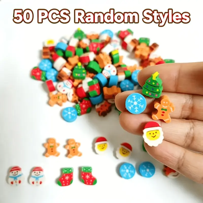 50pcs Mixed Christmas Erasers, Small Gift Set, Favors, Random Patterns, Ideal for Home, School, Office Awards, Prize Sets, Stationery Boxes