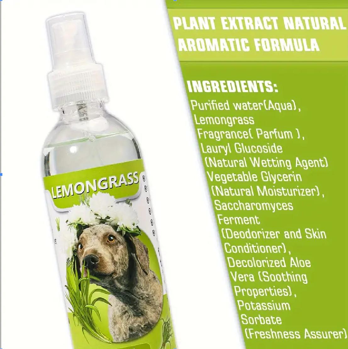 Stinky Pet Freshener Spray, 100% Plant-Based Lemongrass Dog Cat Cologne, Long Lasting Odor Control Mist, No-Bath Quick Fur Deodorizer Safe for All Breeds