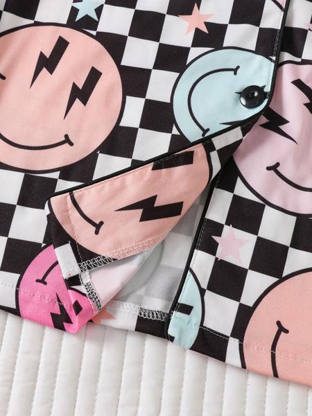 Women's Christmas Plaid Smiley Face Print Pajama Set, Lightweight Button-Up Long Sleeve Top & Pants, Casual Fitted Sleepwear