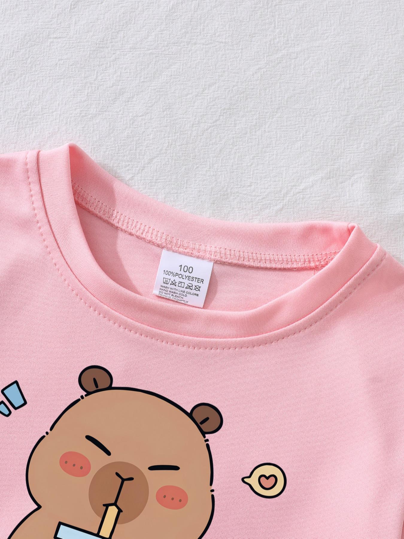 Capybara Girls' Summer 2-Piece Set - Short Sleeve Tee & Shorts Outfit | Soft & Comfortable Everyday Playwear for School, Parties & Outdoor Activities | Multi-Color Options, Ideal Holiday & Birthday Gift Casual Fashion Set Children