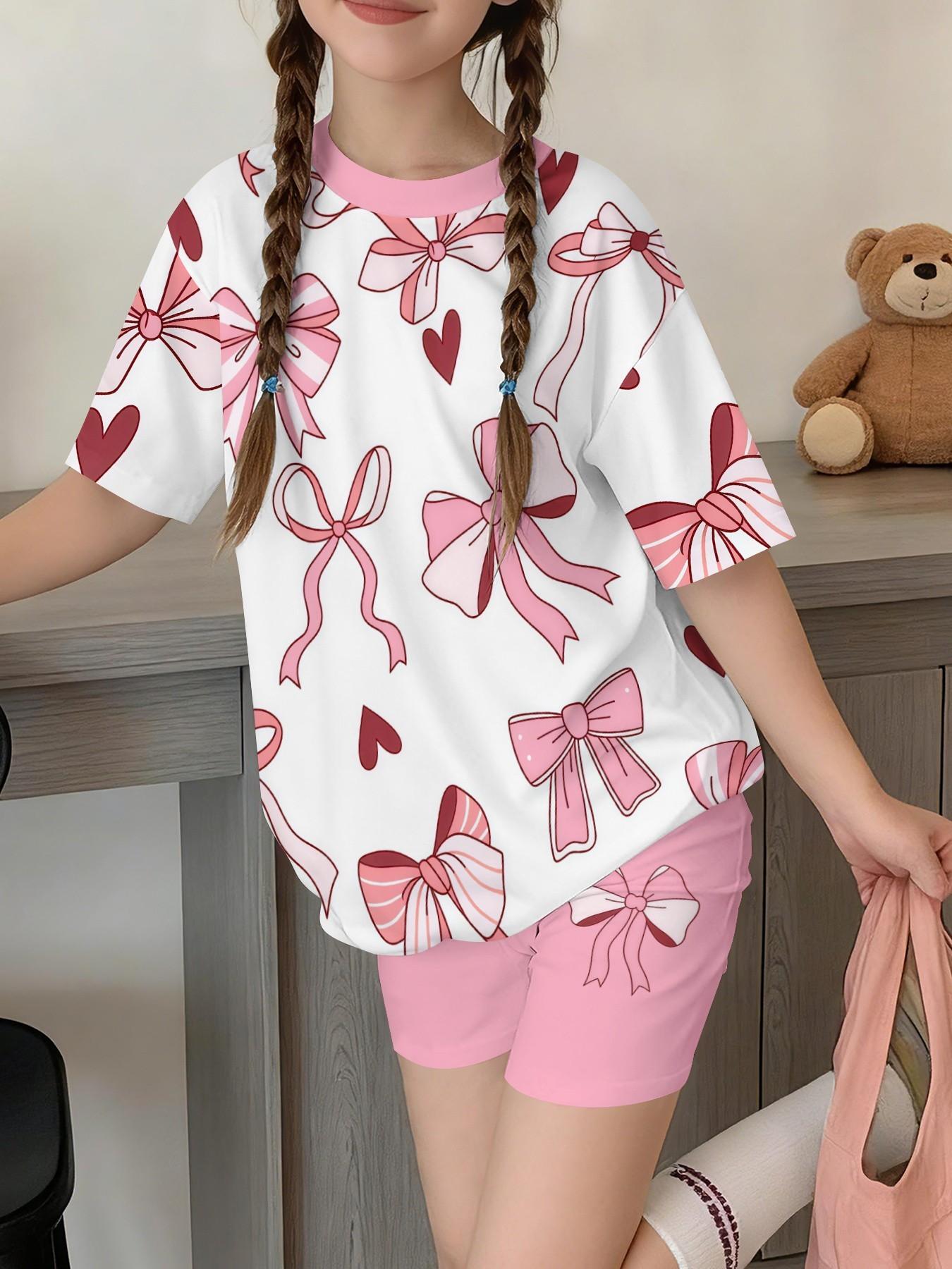 Teen Girl Fashion Street Style Printed Short Sleeve T-Shirt and Fitted Shorts Set, Casual School, Summer Vacation Wear