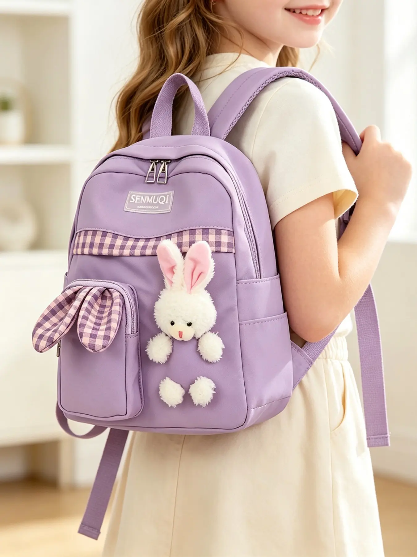 Bunny Doll Backpack, Plaid Patchwork Design, Lightweight Waterproof Fabric, Multiple Pockets, Cute Stuffed Rabbit Decoration, Kawaii Backpack