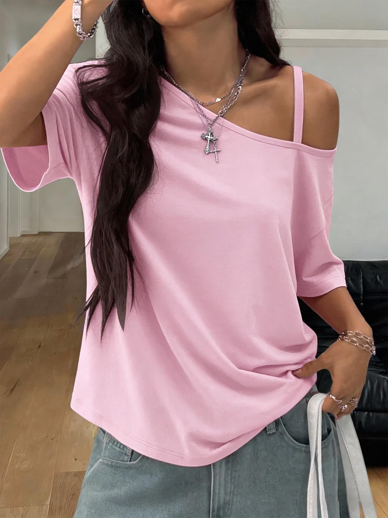 Women's 3 Pack Asymmetrical Off Shoulder Tops Women's Asymmetrical Off-Shoulder Top Set, Casual Half Sleeve One Shoulder Tank Tee, 2026 Trendy Y2K Street Style, Comfortable Loose Fit Casual Street Style Blouse for Teen Girls and Young Women