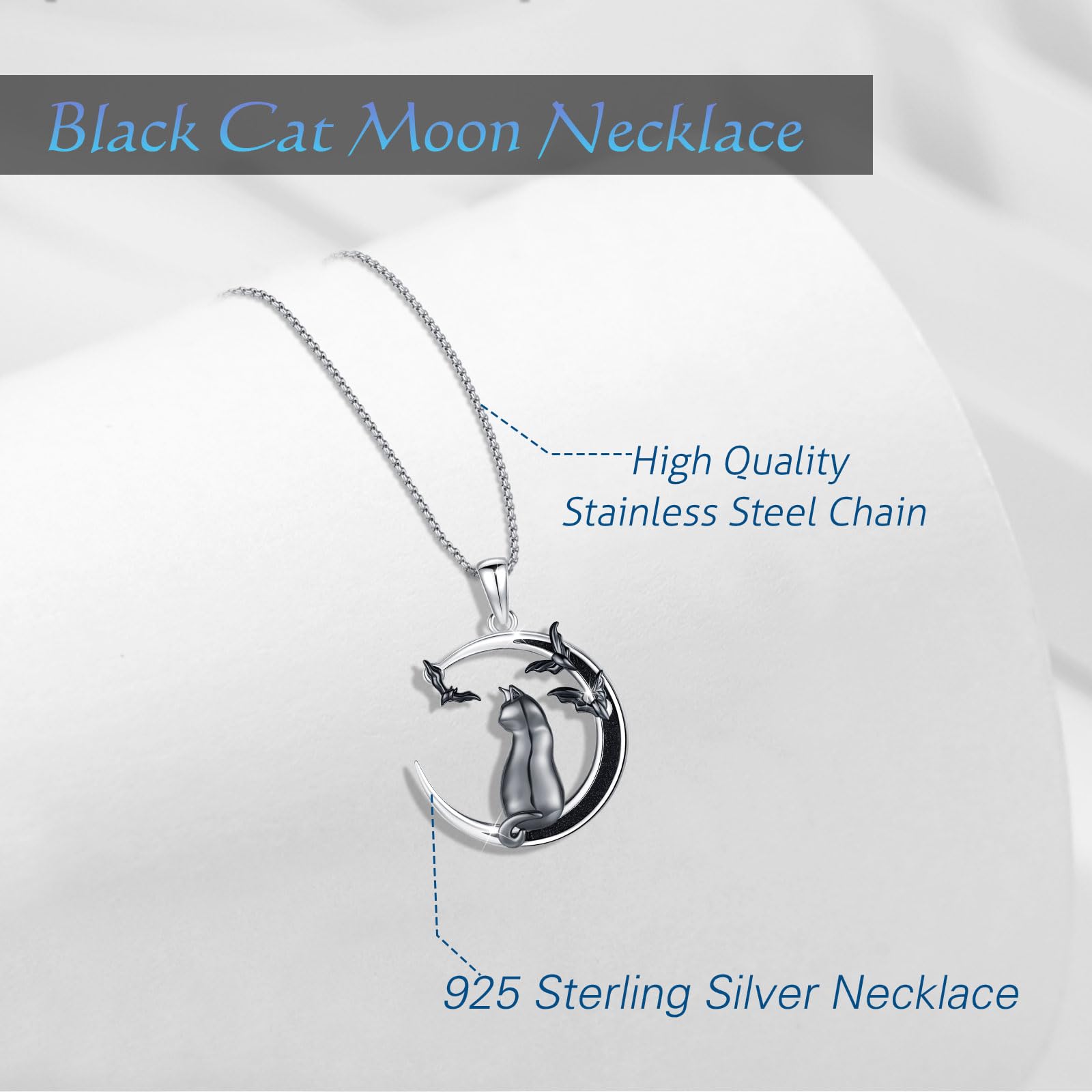 DRINSPER S925 Black Cat with Bat Necklace Sterling SIlver Jewelry