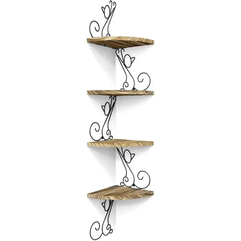 Wall Mount Corner Shelves 4 Tier Floating Corner Storage Shelves Decorative Rustic Shelf in Shape Carbonized Black