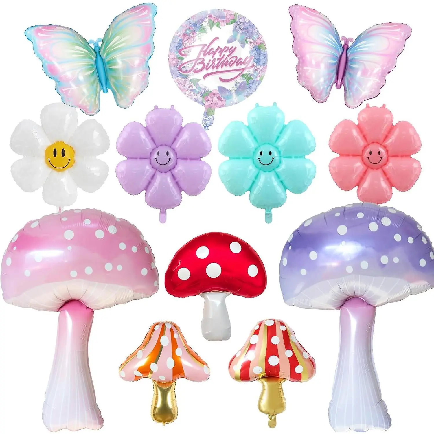 Magical Mushroom Forest Birthday Party Balloon Decor Kit - 13 PCsSet with Gradient Butterflies, Smiley Daisies & Happy Birthday Balloon | Whimsical Theme Party Decorations for Boys and Girls