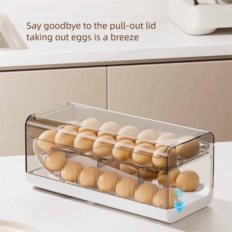 Two-Row Dual-Layer Transparent Egg Storage Box, Space-Saving Easily Rolling Egg Rack, Durable Food Grade Material Refrigerator Organizer, Organized Kitchen Utensils