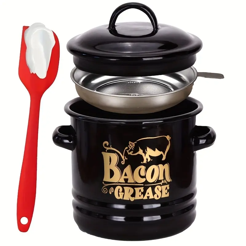 Enamel Bacon Grease Keeper with Fine Strainer & Lid, Strainers for Kitchen, Residue Filter Oil Dispenser, Reusable Round Food Storage Jar for Lard Meat, Farmhouse Red Kitchen Decor, Gift for Family Friends Christmas