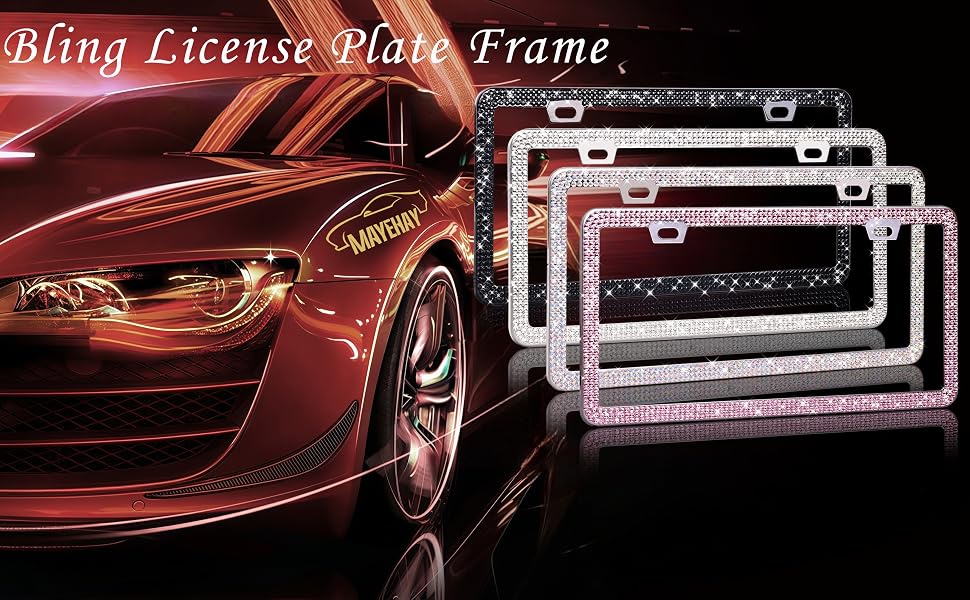 Pink License Plate Frame 2 Packs Bling License Plate Frame for Women Sparkly Diamond License Plate Frames Glitter Bedazzled Rhinestone License Plate Frame with Pink Tire Valve Caps with Giftbox