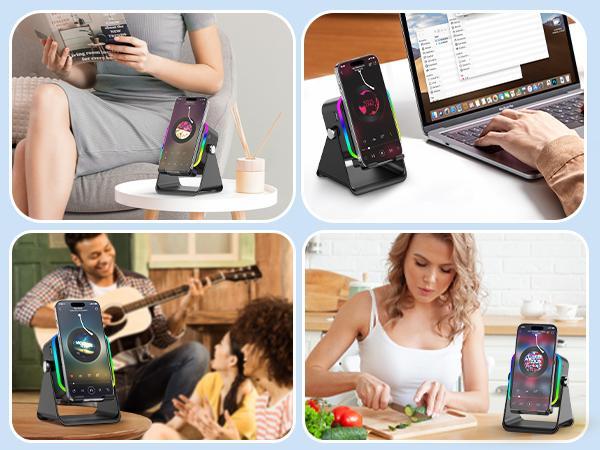 Wireless Induction Speaker With Colorful Ambient Light 360 Adjustable Phone Holder for iPhone Android Samsung Phone Speakers