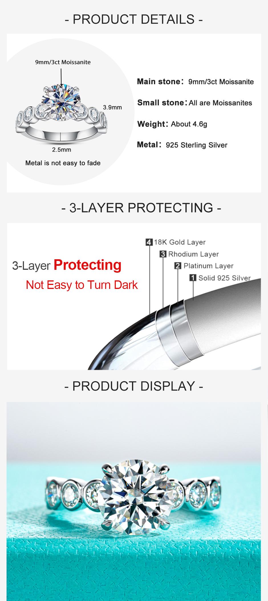 AnuJewel 3CT Moissanite Engagement Ring  D Color Round Cut 925 Sterling Silver Promise Anniversary Rings for Women with Certificate